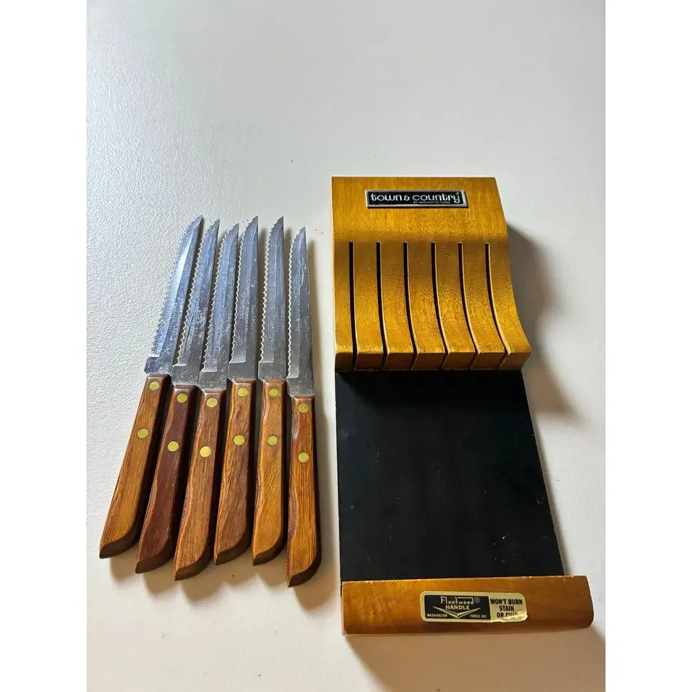 Vintage Town & Country Washington Forge 6 Steak Knives Wood Wall Rack Set USA